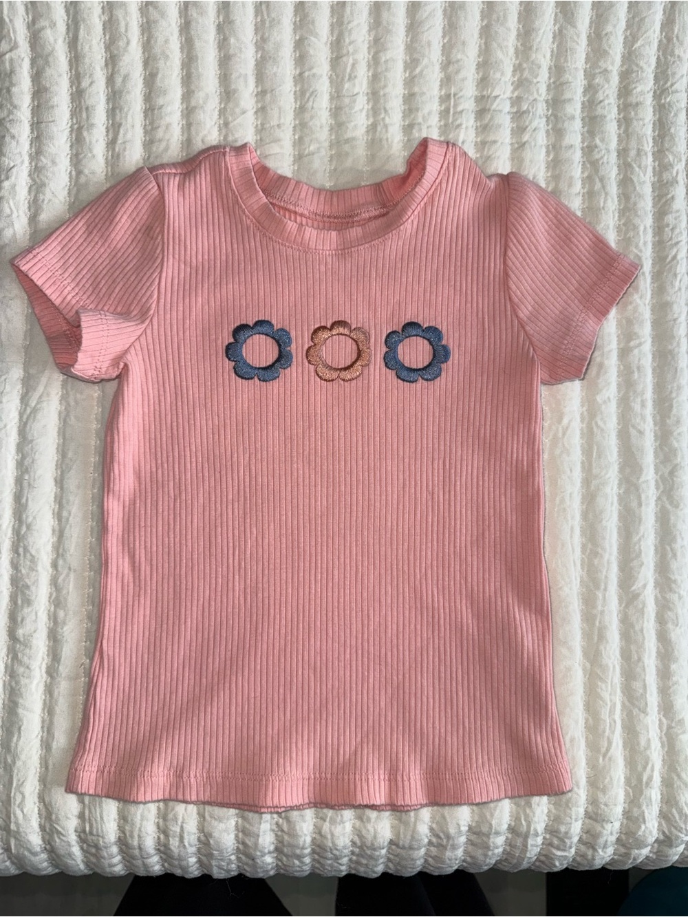 Toddler Pink Ribbed Tee with Floral Applique